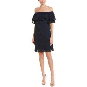 London Times Off The Shoulder Ruffle Shift Dress In Navy Size 2 US $168
